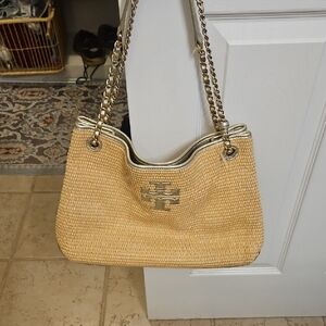 Tory Burch Tan Woven Shoulder Bag with Chain Strap